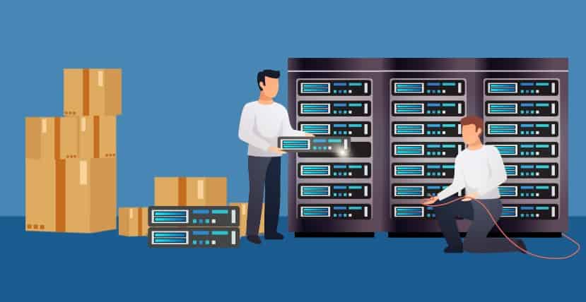 Illustration of setting up on-premise equipment in a server room